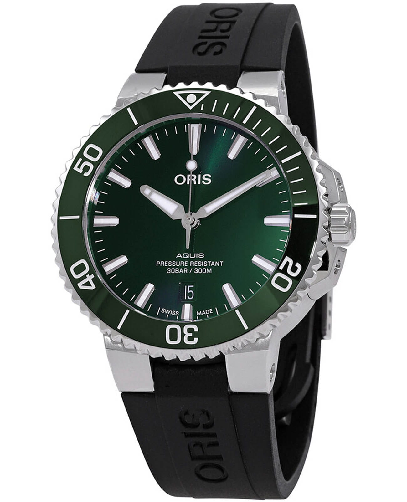 Oris Oris Aquis 01 733 7766 4157-07 4 22 64FC  01 733 7766 4157-07 4 22 64FC механические мужские часы зеленый циферблат, браслет каучук — вид спереди